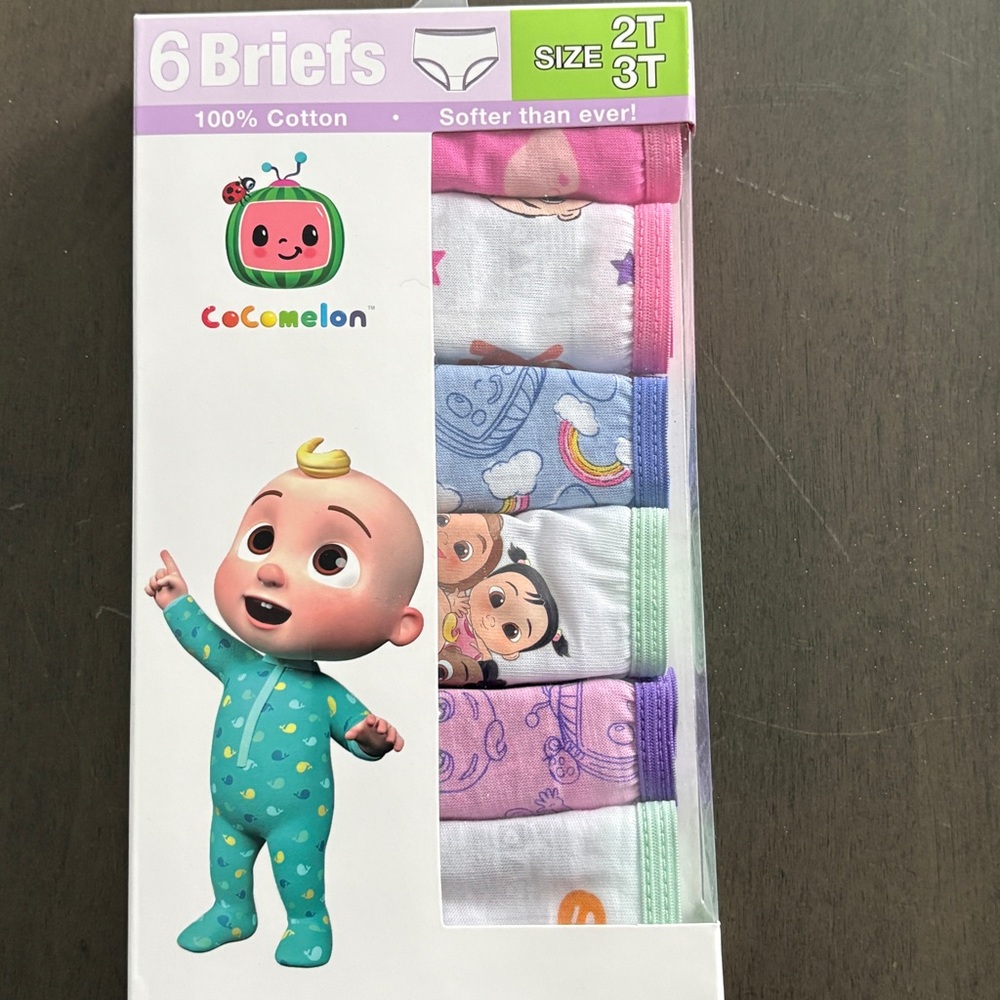 CoComelon Toddler Girls 6 pack of 100% cotton briefs, size 2T-3T.